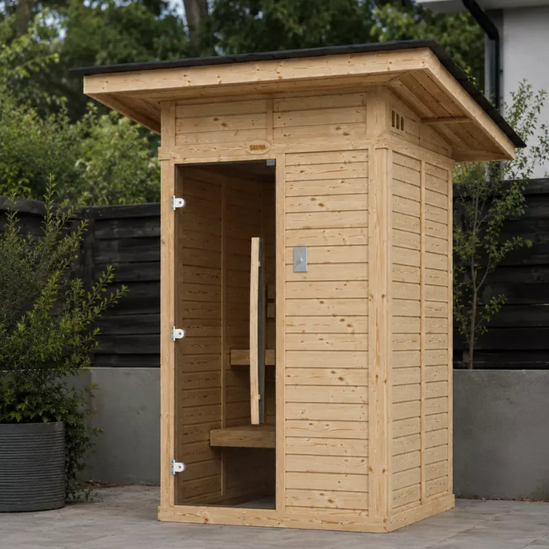 Load image into Gallery viewer, Heritage Sauna® 1000-A 2-person outdoor sauna, front exterior view with glass door