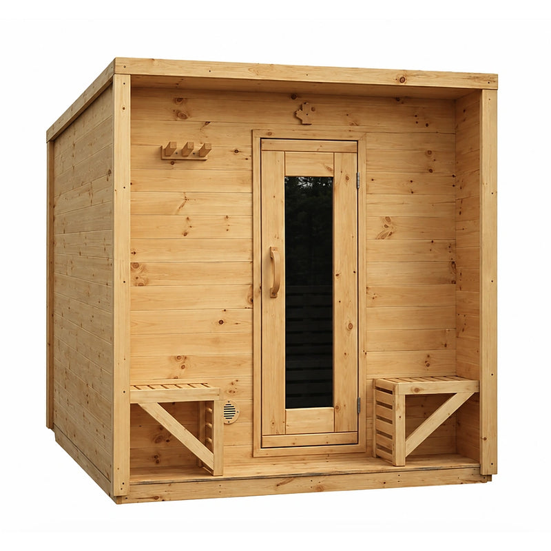 Load image into Gallery viewer, 4-person cabin outdoor sauna, front exterior view with glass door