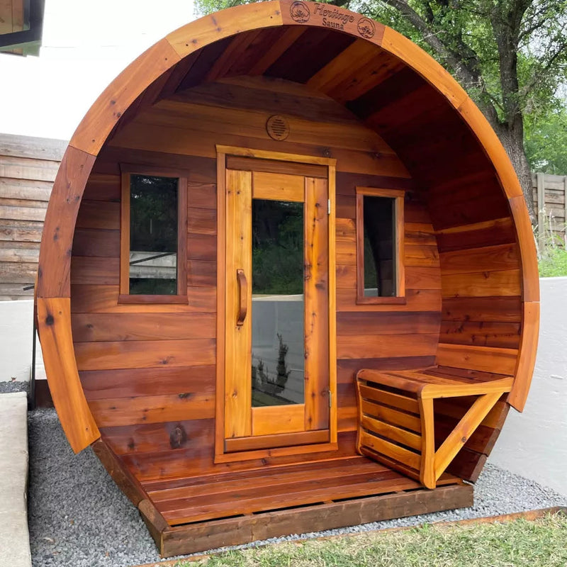Load image into Gallery viewer, 4-person flat barrel sauna side view showing compact barrel shape