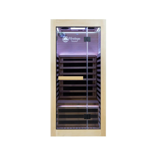 Heritage Lux IR Solo 1-person indoor infrared sauna, front glass view