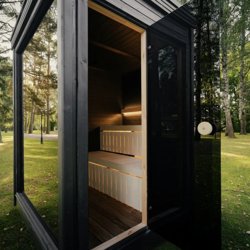 Load image into Gallery viewer, Heritage Sauna Etna 4-6 person outdoor sauna, side exterior view, glass door