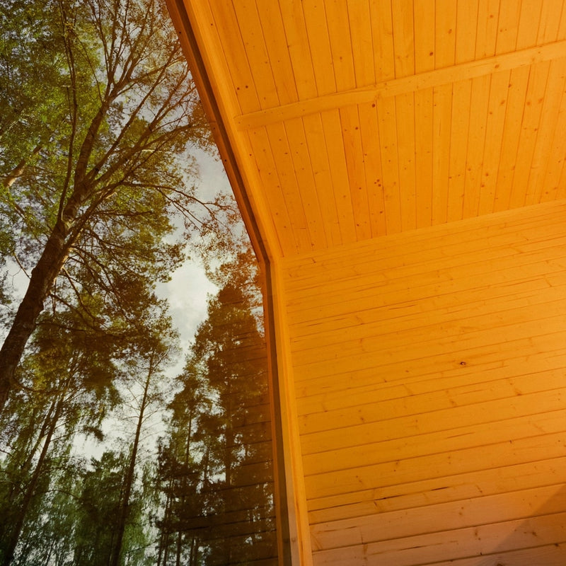 Load image into Gallery viewer, Etna 4-6 person sauna interior with wood ceiling, and glass front view