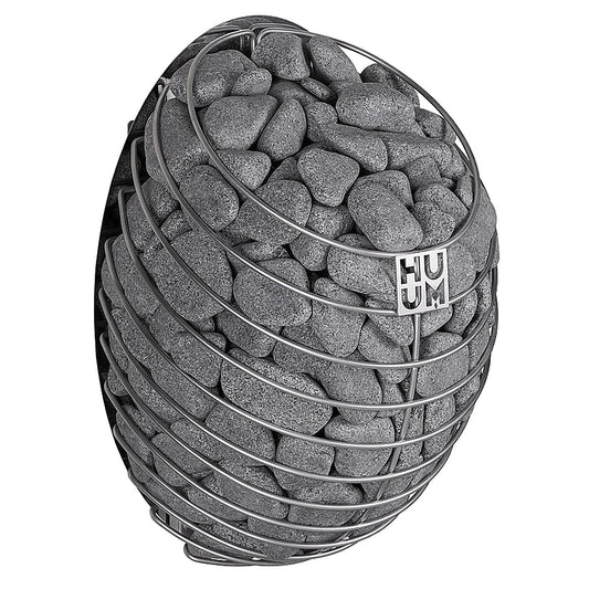 HUUM Drop sauna heater side view showing teardrop steel mesh shape