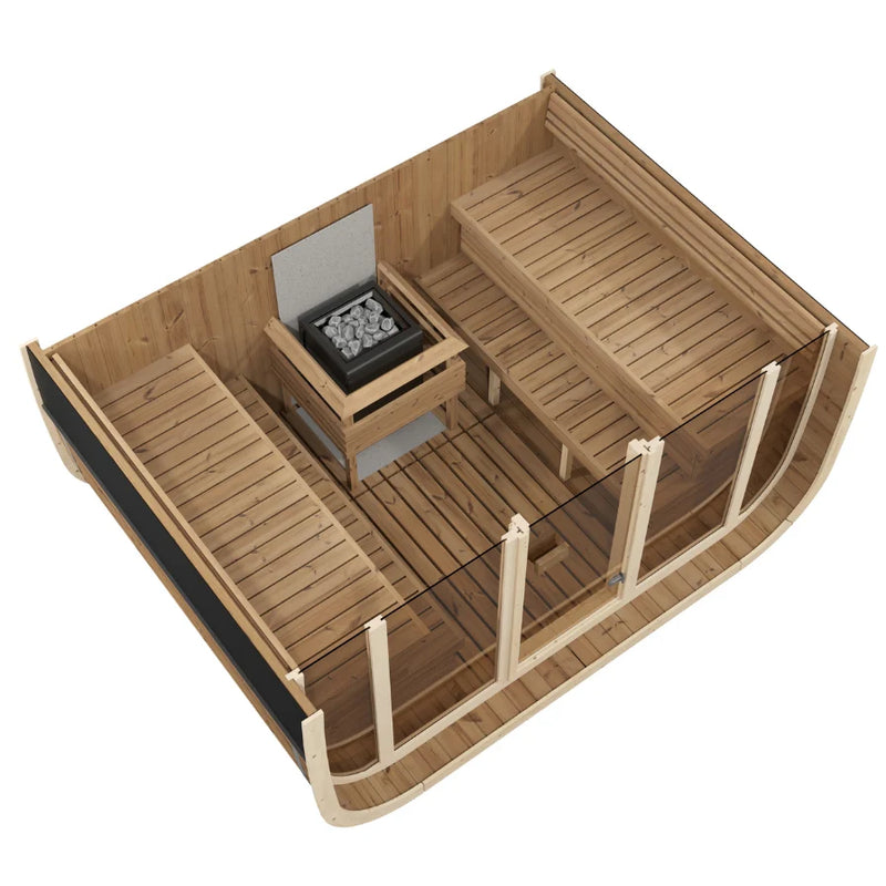 Load image into Gallery viewer, Lux Halo 6-8 person sauna interior with tiered benches and front wall glass