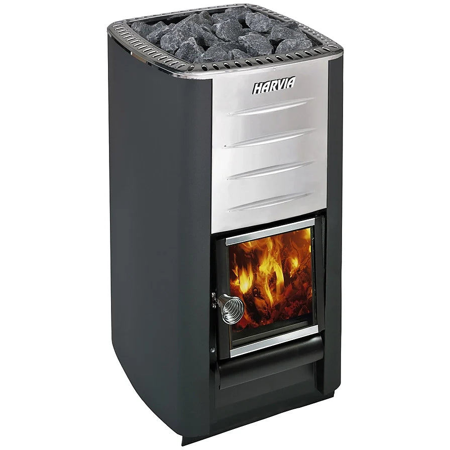 Harvia M3 wood-burning sauna stove in black steel with fire door