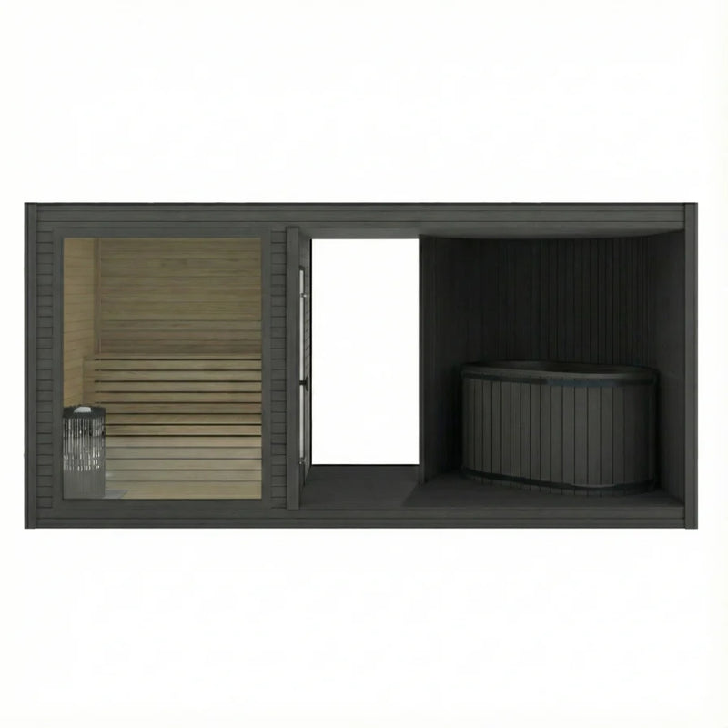 Load image into Gallery viewer, Lux Belvedere Air 4-6 person sauna angled view showing black frame and glass walls
