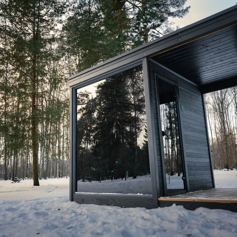 Load image into Gallery viewer, Lux Belvedere Air 4-6 person sauna angled view showing black frame and glass walls