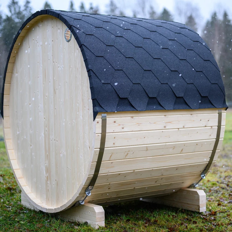 Load image into Gallery viewer, Lumina outdoor sauna side view showing rounded wood body and back vent