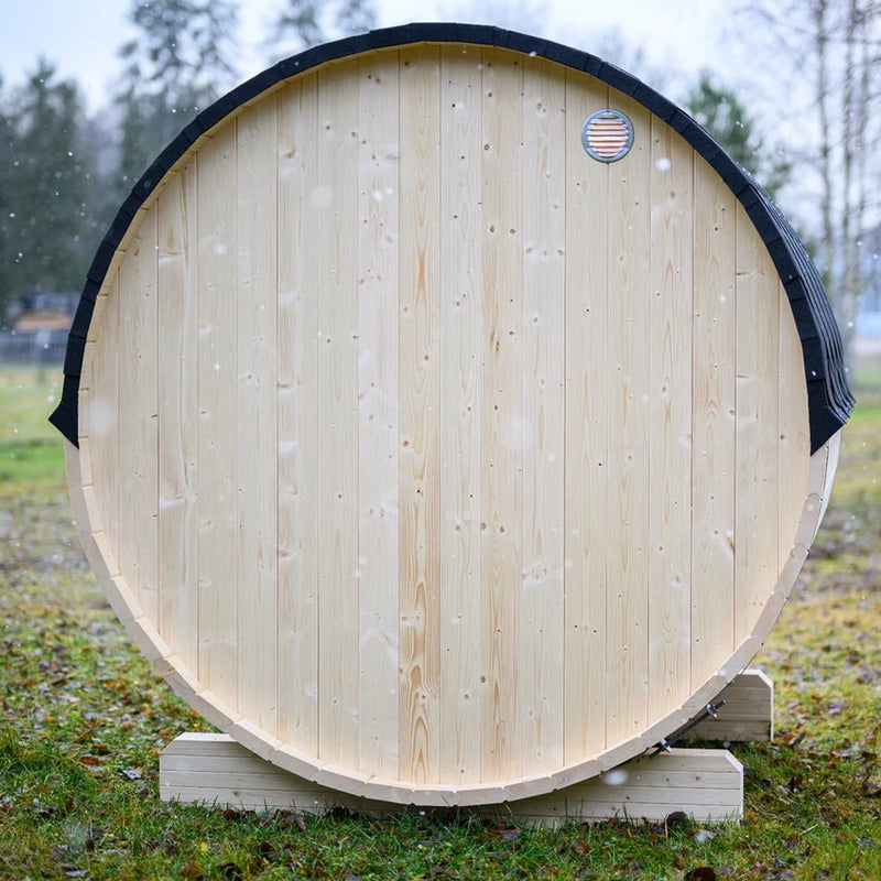 Load image into Gallery viewer, Lumina outdoor sauna side view showing rounded wood body and back vent