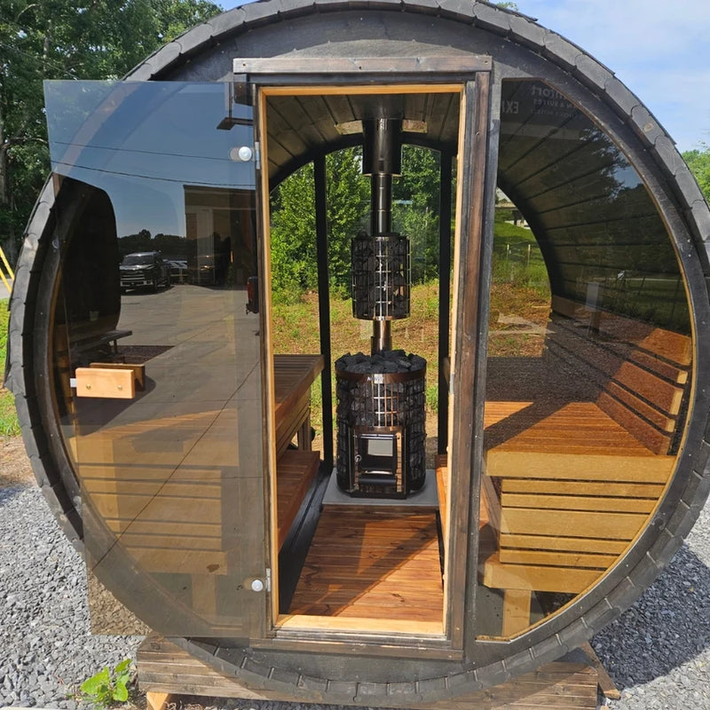 Load image into Gallery viewer, Heritage Sauna® Lux Vulcano 6-person barrel sauna on a backyard deck