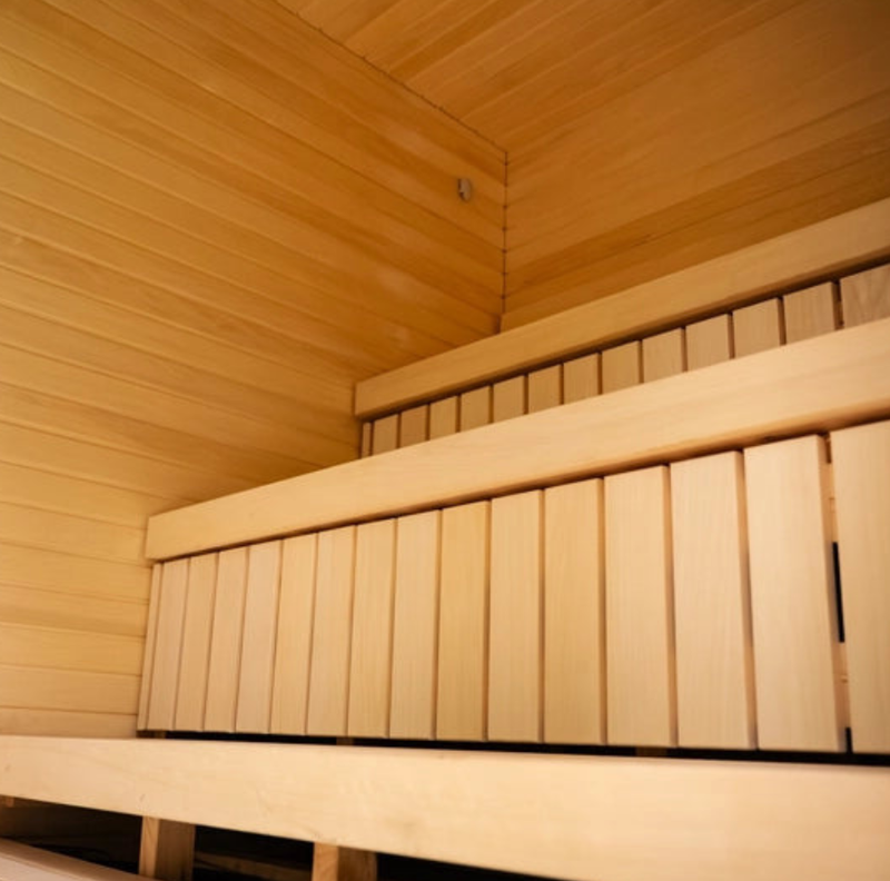 Load image into Gallery viewer, Lux Stromboli outdoor sauna angled view showing dark modern facade