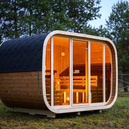 Lux Halo 6-8 person sauna angled view showing rounded wood design