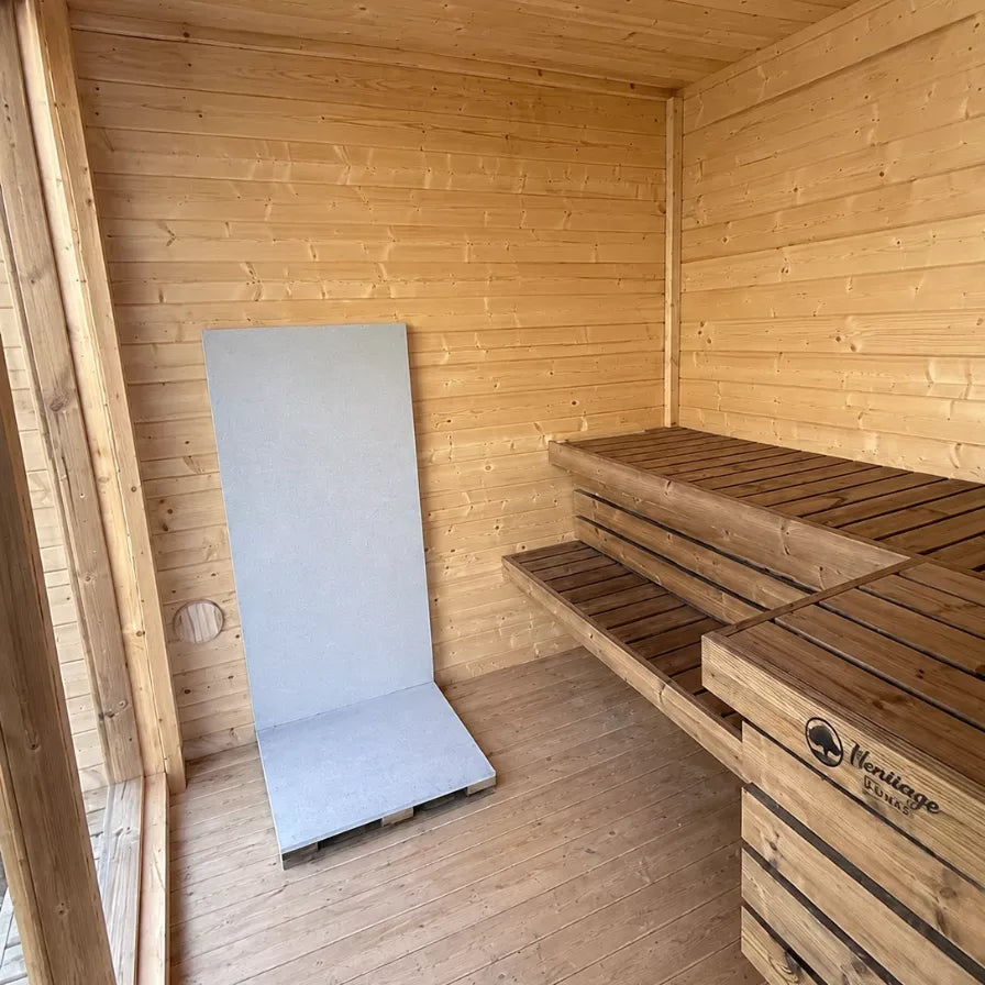 Lux Fjord 4-person sauna interior with wood benches , front glass