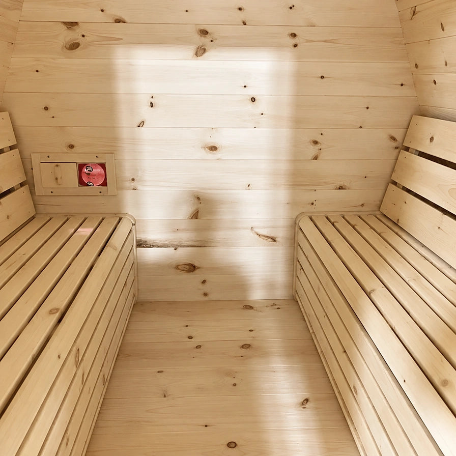 Heritage Sauna® flat barrel sauna interior with facing wood benches