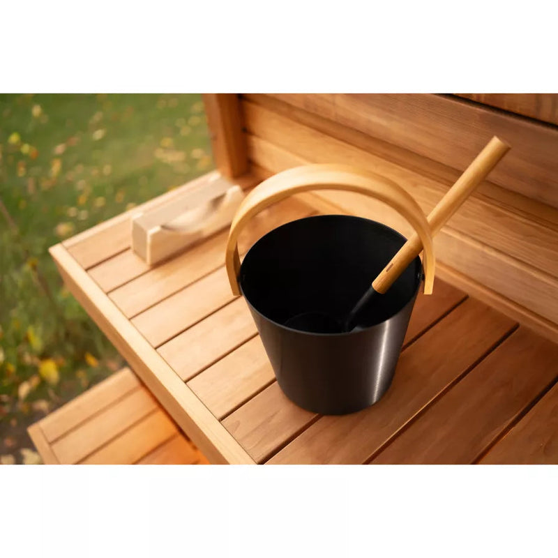 Load image into Gallery viewer, Panorama Grand 6-person sauna interior with tiered benches and sauna bucket