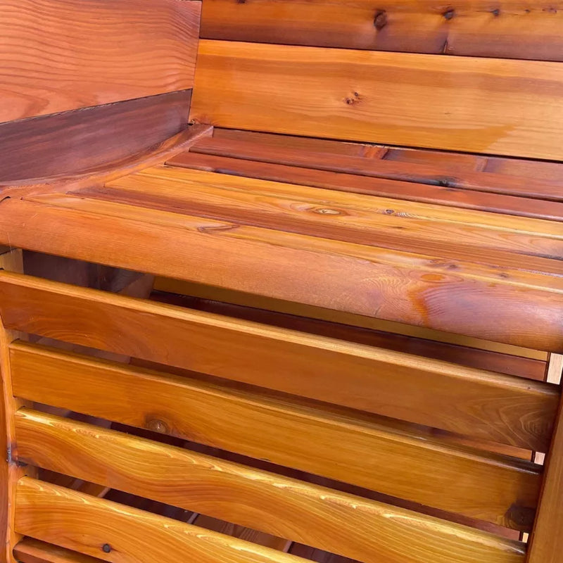 Load image into Gallery viewer, Close-up of 4-person barrel sauna stained bench