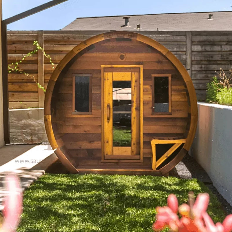 Load image into Gallery viewer, Heritage Sauna® flat barrel outdoor sauna, front exterior view, stained