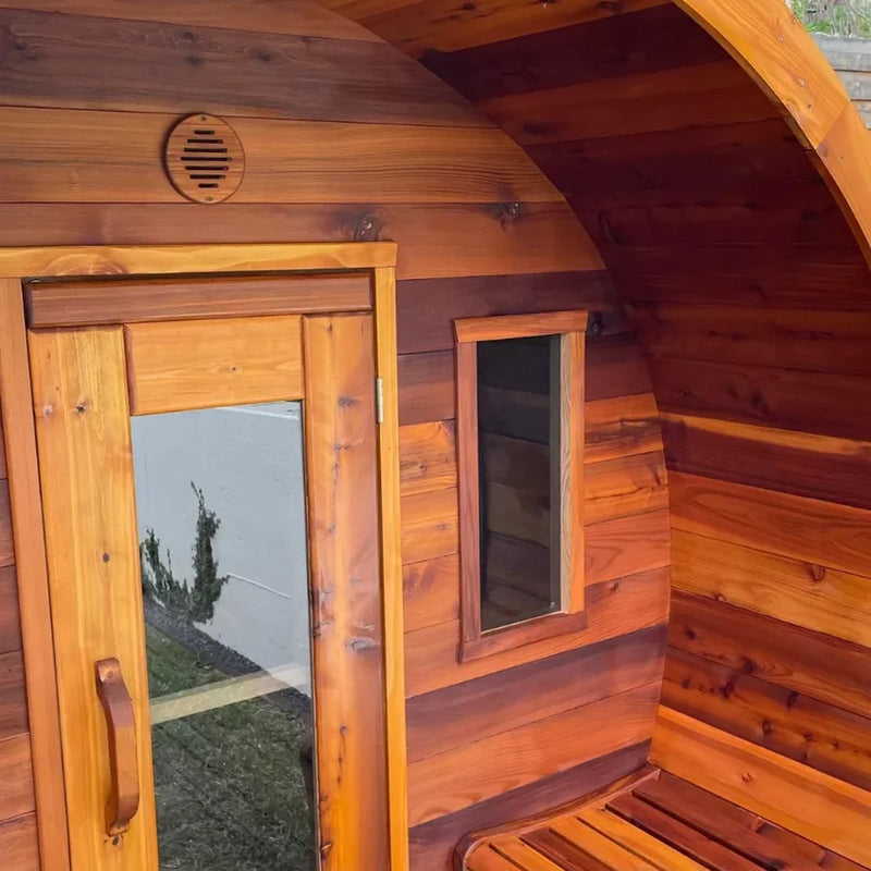 Load image into Gallery viewer, Close-up of 4-person barrel sauna glass door, window and wood staves
