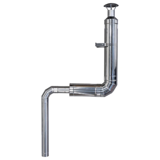 HUUM thru-wall chimney kit installed on an exterior sauna wall