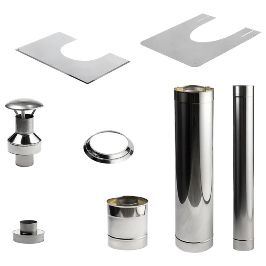 HUUM barrel chimney kit components laid out with pipe sections and fittings