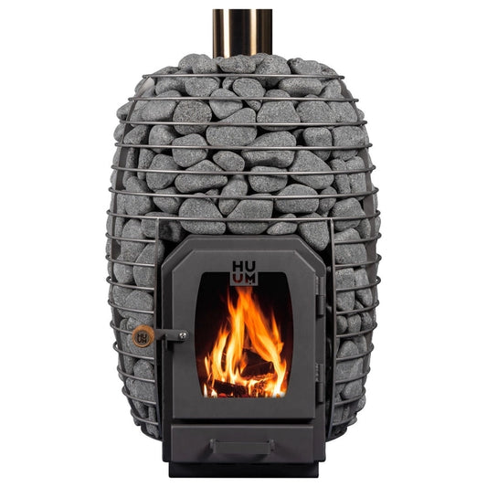 HUUM HIVE Wood 17 wood-burning sauna stove with stone-filled mesh body and glass fire door
