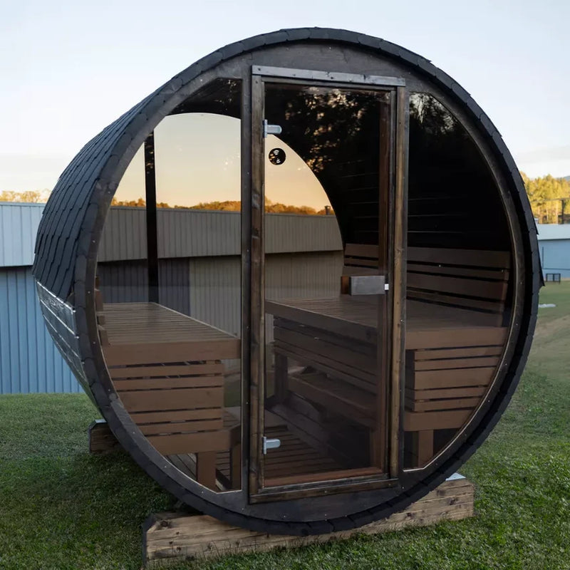 Load image into Gallery viewer, Lux Vulcano 6-person barrel sauna side view showing curved wood staves and steel bands