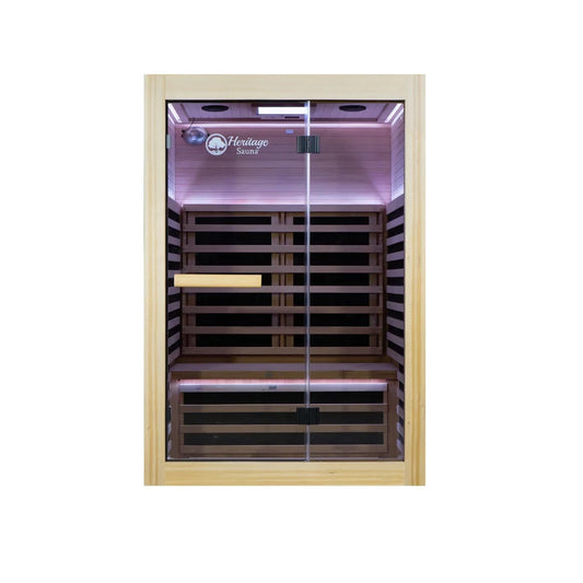 Heritage Lux IR Duo 2-person indoor infrared sauna, front glass door view
