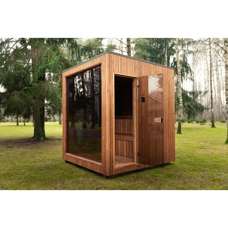 Load image into Gallery viewer, Lux Dolomiti 4-6 person sauna angled view showing wood cabin and glass front
