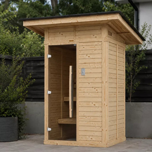 Heritage Sauna® 1000-A 2-person outdoor sauna, front exterior view with glass door