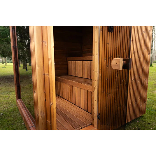 Lux Dolomiti 4-6 person sauna angled view showing tiered benches and glass front