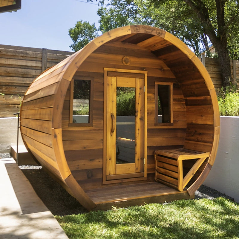 Load image into Gallery viewer, Heritage Sauna® 4-person flat barrel outdoor sauna in a backyard
