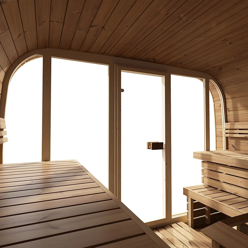 Load image into Gallery viewer, Lux Halo 6-8 person sauna interior with tiered benches and front wall glass
