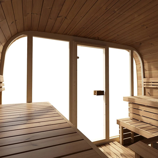 Lux Halo 6-8 person sauna interior with tiered benches and front wall glass