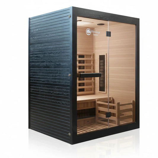 Lux IR Noir hybrid sauna angled view showing dark exterior and glass front