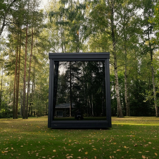 Heritage Sauna Etna 4-6 person outdoor sauna, full front glass exterior view
