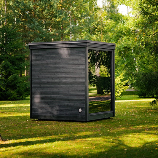 Etna outdoor sauna angled view showing roofline and wood siding