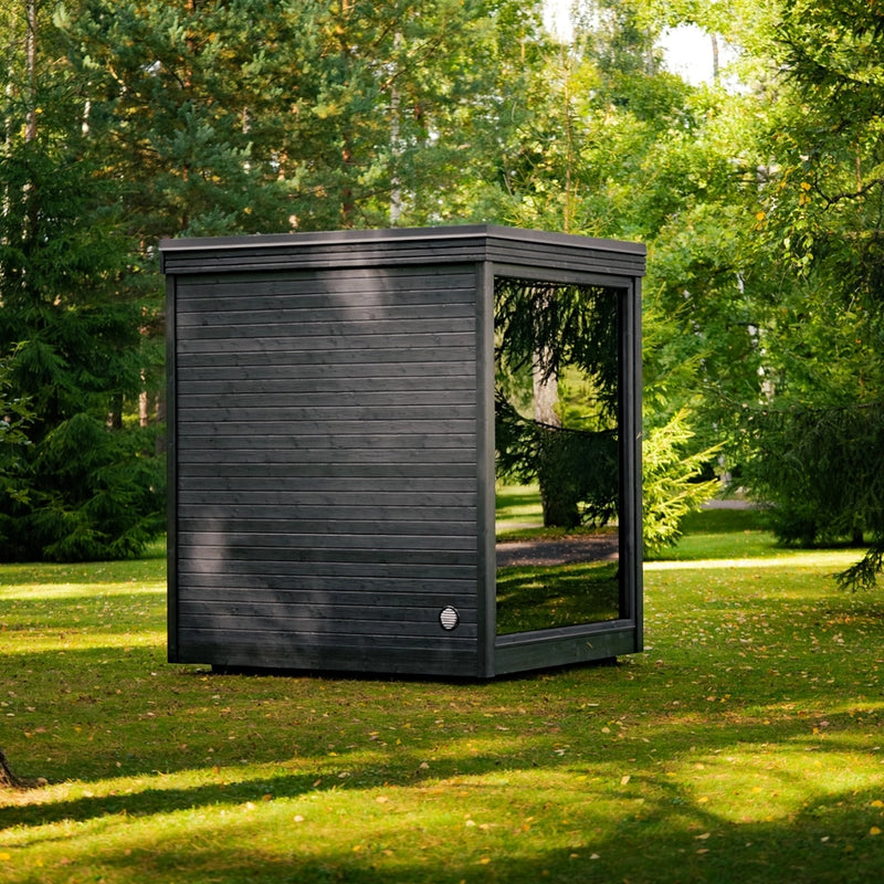 Load image into Gallery viewer, Etna outdoor sauna angled view showing roofline and wood siding
