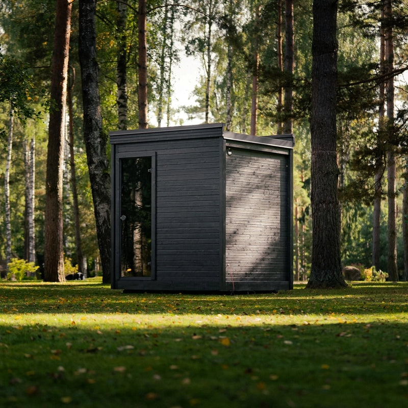 Load image into Gallery viewer, Etna outdoor sauna angled view showing roofline, door and wood siding 
