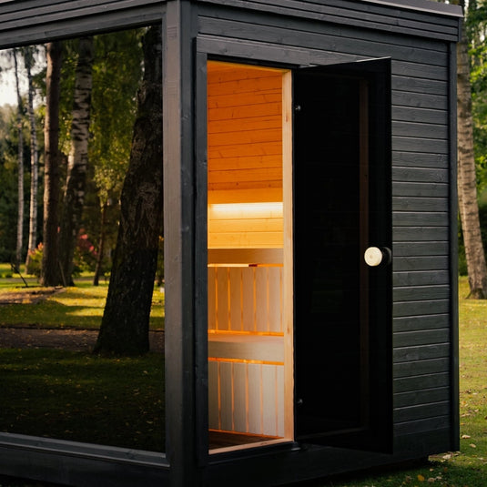 Heritage Sauna Etna 4-6 person outdoor sauna, front exterior view, door opening
