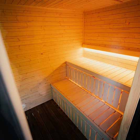 Etna 4-6 person sauna interior with wood benches and flooring