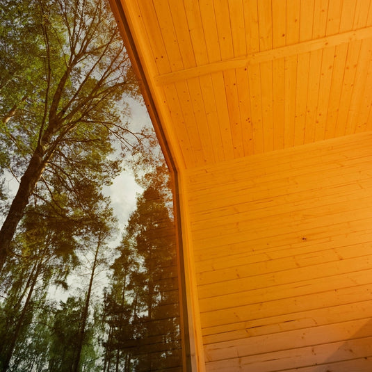 Etna 4-6 person sauna interior with wood ceiling, and glass front view