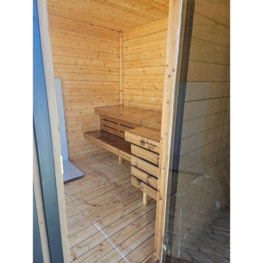 Close-up of Lux Fjord glass door and interior tiered wood benches