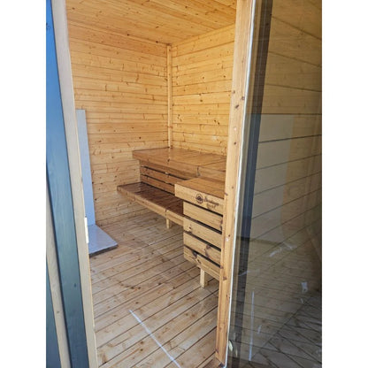 Close-up of Lux Fjord glass door and interior tiered wood benches