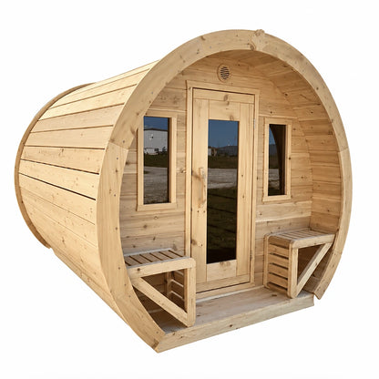 Heritage Sauna® flat barrel sauna side view showing roof and wood staves