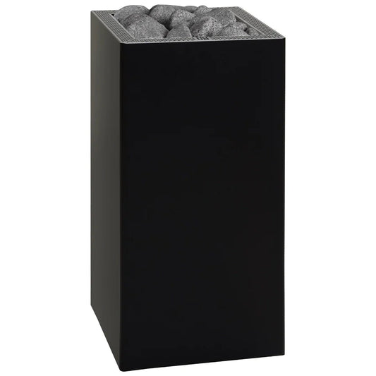 HUUM CORE 10.5kW black electric sauna heater with tall vertical stone column angled