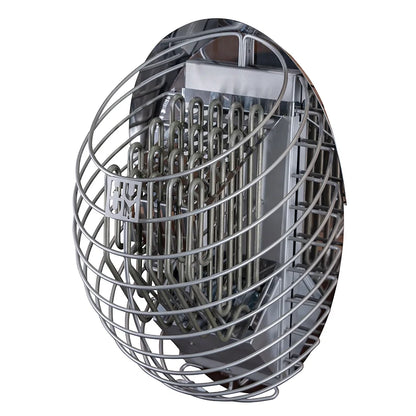 HUUM Drop sauna heater side view showing teardrop steel mesh shape