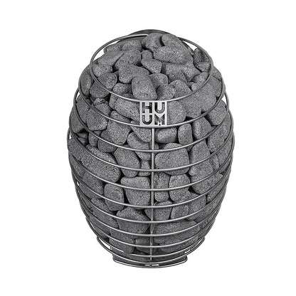 HUUM Drop electric sauna heater with rounded stone-filled body with HUUM logo