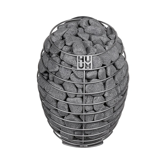 HUUM Drop electric sauna heater with rounded stone-filled body with HUUM logo