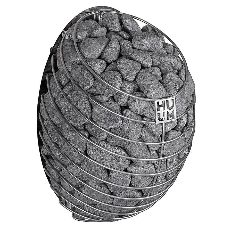 HUUM Drop sauna heater side view showing teardrop steel mesh shape