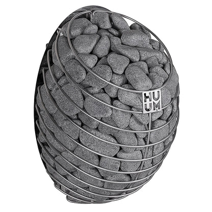 HUUM Drop sauna heater side view showing teardrop steel mesh shape
